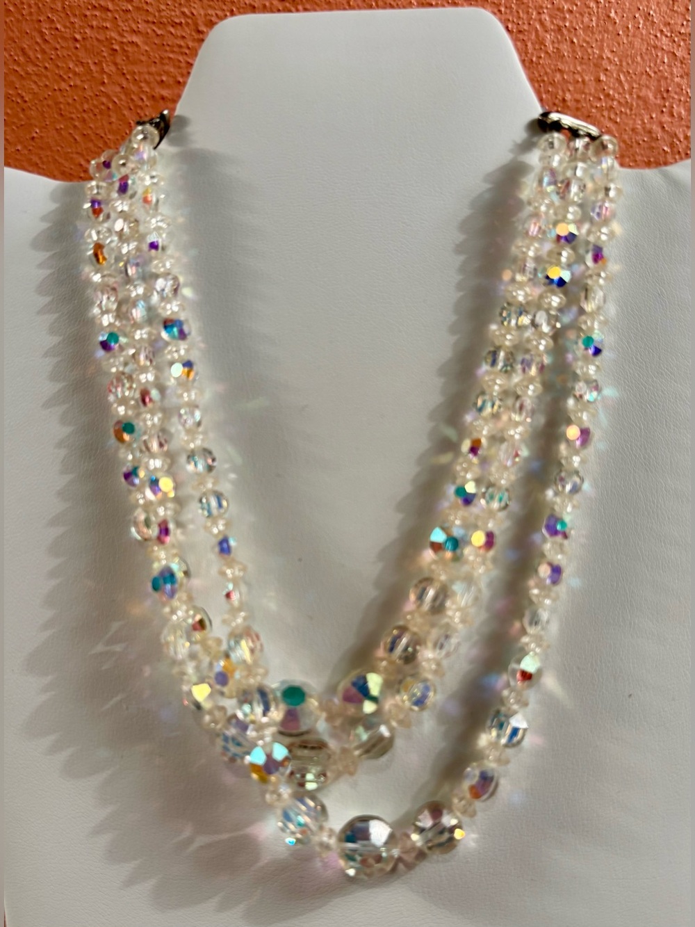 Vintage Triple Strand Aurora Borealis Crystal Bead Necklace Graduated AB Glass